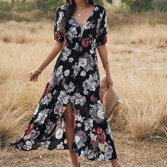boho floral print v neck slit black midi dress - Picture 7 of 11